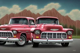 a true-to-life 1955 Chevrolet 3100, classic wheels, twin-color finishing, centered, intricate, extreme detailed, photorealism, center view, stylized random background, pivot on chevrolet, pen and color marker painting by cheryl kelley