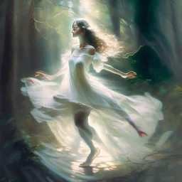 A sweet delicate music surrounding a gracious girl dancing barefoot in a forest, detailed beautiful face, she's wearing a white transparent dress, looks like a painting, volumetric lighting, depth of field