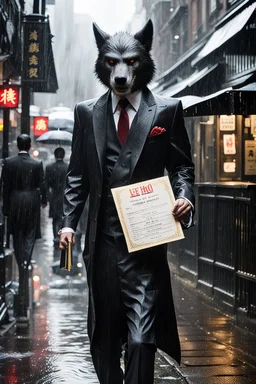 Werewolf in a suit walking the streets of Soho in the rain. He's holding a resraurant menu in his hand. There is a Chinese restaurant called Lee Ho Fuk's in the background. Photograph.