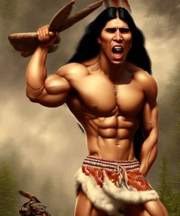 native american warrior, long black hair, big muscles, looking up, mouth wide open, scream face, shirtless