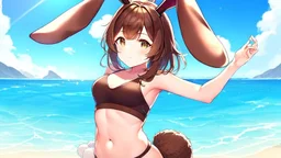 Girl, brown rabbit ears , brown rabbit tail, brown hair, open navel, sea, morning.