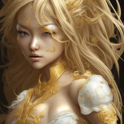 hitomi tanaka, white dress, highly realistic, highly detailed, golden statue,