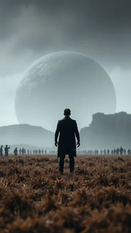 A field of random people at the end of the picture gray background an giant dark shadow of Stone Age human figure standing in under blurry gray planet cinematic, 8k