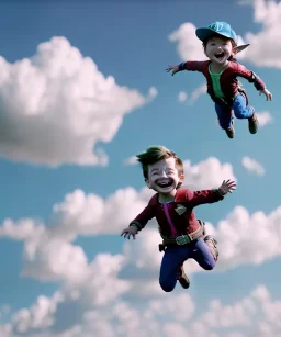 Ultra realistic clouds sky scene, medium shot view, portrait, sweet monster Childs free jumping flying, trinkets, jelly beans, helmet, smile, happy, Wes Anderson style, Peter Pan, inflatable color clothing, extreme, wind, clouds sea, 20,000 feet altitude, stratosphere, soft color, highly detailed, unreal engine 5, ray tracing, RTX, lumen lighting, ultra detail, volumetric lighting, 3d, finely drawn, high definition, high resolution.