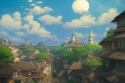 a wholesome animation key shot of a traditional city with tiled roofs, architecture, very detailed, medium shot, studio ghibli, pixar and disney animation, sharp, rendered in unreal engine 5, anime key art by greg rutkowski, bloom, dramatic lighting, blue sky with clouds