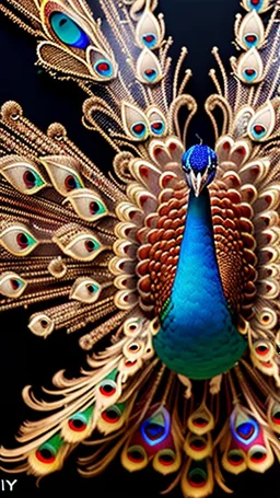 huge red gold black peacock, with clockwork gear on its back, symmetric, mandala, hyper realistic, futuristic, unreal engine5, octane render, 3D rendering, white background, digital art, in the style of Android Jones, mechanism, engine parts, vivid colours, side light, 16k