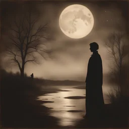 A vintage sepia-toned scene depicting a silhouette gently dissolving into the dark night. The figure, caught in a moment of melancholic tranquility, appears to be merging with the moonlight that filters through. Illicit sparkles, reminiscent of a long-gone time, flickering against the subtle somber backdrop. The overall ambience gives off a profound, nostalgic, and macabre mood.
