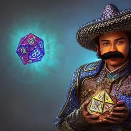 Insanely detailed photograph of an “ a mustachioed mariachi focusing on a glowing D20” with intricately detailed Sombrero, intricate armored charo, hyperdetailed painting by Ismail Inceoglu Huang Guangjian and Dan Witz CGSociety ZBrush Central fantasy art album cover art,8K, hdr, mysterious, flickeringlights ,Stoic