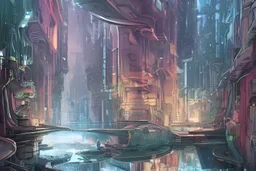 Narrow cosy waterway in futuristic sci-fi city in harmony with nature. Nice colour scheme, soft warm colour. Beautiful detailed illustration by Lurid. (2022)