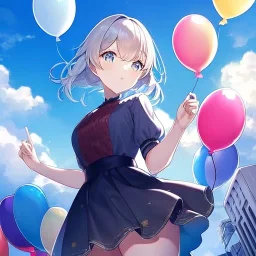 anime girl letting go of a balloon, outside, clouds