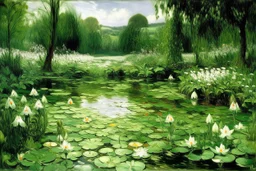 A spring green wetland with lilies designed in Mehndi design painted by Gustave Courbet