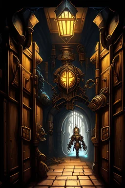 A steampunk dungeon hallway with a knight clockwork robot rpg cover art