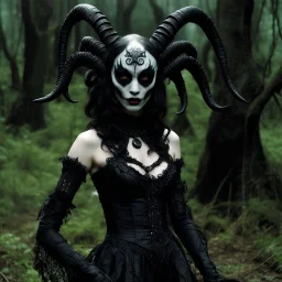 [photo for Pan's Labyrinth (2006)] Goth Japanese demonic alien xenomorph clown woman as a xenomorph as a lingerie model with "black lace" fantasy in a xenomorph with tar and trad goth costume gothic killstar clothing with lace and black slime tar designs on the clothing in the movie "blair witch project" at night with moonlight, from a 1970s movie,