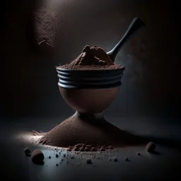 Realistic photograph of a dark studio with a scoop with protein powder. High resolution.