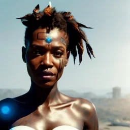 One beautiful portrait of one cyberpunk cyborg black tribal woman with lot's of grain on her skin and big tribal tatoos all over the skin, blue eyes, with natural hair floating in the wind cyborg smiling facing camera orange color scheme, high key lighting, volumetric light high details with white stripes and feathers unreal 5, octane render, cinema4d, dynamic lighting, dramatic lighting, 4k, redshift render, highly detailed, hyper realistic