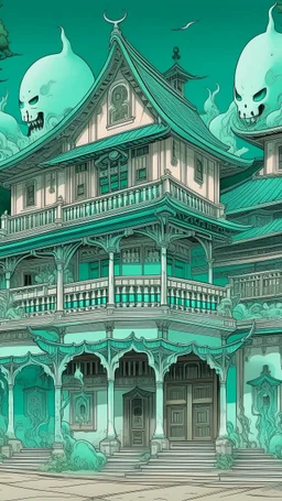 A mint colored mansion with ghosts designed in Japanese Oni masks painted by Utagawa Hiroshige