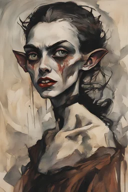 Painting of a savage Nosferatu vampire girl, in the Expressionist style of Egon Schiele, Oskar Kokoschka, and Franz Marc, in muted natural colors