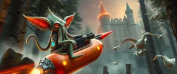 hairy macho gremlin octopus lizard alien couple living in a hi tech marvellous hot dog art graphics and gems on rocket with a mounted sling shot mega harpoon, heading for venus stone castle, background motion blur and smoke swirls, and cheeky geese through giant forest with thick tree stumps and grainy textured trees