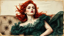 mixed media, multiple exposure, old worn torn plain canvas, grunge, layered, embossed, fine art luminous soft watercolor, glitter, mid-ground, luminosity, highlights, gold fragments, light effects, dark grey-green fragments, dot technique, portrait of Victorian Gothic woman on SOFA, Red hair, light Red lips, fluffiness, wind, airy dark GREEN flowing dress, Fur, swirls, layered, blending, textured, 3D, 8K, best quality, fine rendering, high detail, hyperrealism, high resolution, high definition,