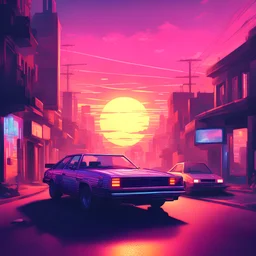 car time machine in a street, synthwave picture style with light pixel, the sunset on the horizon, with a big pixelated sun