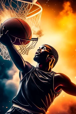 8k, highly realistic and detailed image of a NBA basketball player in action dunking the ball in the net, sweaty hair, screaming look,action and smoke and flames background