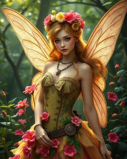 Full body Gorgeous Digital Photography Realistic full dress steampunk classic pixie flowers with a resemblance to Beautiful girl Tinkerbell, beauty sharp contrast colors,jungles background,digital fantasy art