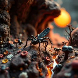 Close-up photograph of detailed creepy landscape made of felt and melting steel, figures, salamaders, spiders, worms, insects, the details of their skin and texture accentuated, fungi, crystals, mineral concretions, sun, strong texture, extreme detail, intricate, colours, Max Ernst, rich moody colors, sparkles, bokeh, 33mm photography