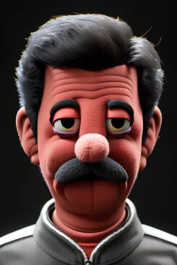 Waist up muppet Portrait, Nicolas maduro us muppet doll, black hair, Venezuelan president, red tracksuit, mustache, photo studio, black background, unreal engine 5, concept art, art station, ray tracing, lumen lighting, ultra detail, volumetric lighting, 3d.