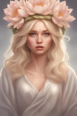 Девушка блондинка дриада, на голове венок из лотосов, цифровая иллюстрация, стиль фотореализм, 8к