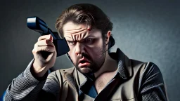 MAN POINTING GUN AT THE PHONE