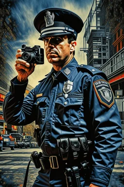 A movie poster of a police officer low to up camera shots in the style of oil painting