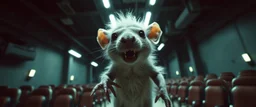 fluffy rat elf vampire scumbag in the cinema the style of Escher and Giger and Fallout 4, pinhole cam, airbrush 3d rendering, on tv screen:A five-second cinematic single take in a clean industrial presentation hall.