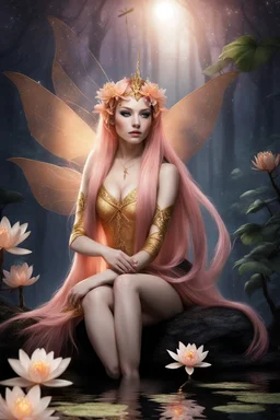 Peach hair , light peach hair, dark,night dark gold,gold,golden,rapunzel hair,dragonflies,water lilies, night,light,,butterflies,elven ears,dark fairy ,night sky,stars,princess,nymph,sparkle,glitter,orchids