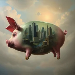 fish eye view of epic surreal matte oil painting, floating glass pig with a fantastical Alexander jansson cityscape inside, Visual embalming atmosphere, metaphorical, imagine if Zdzislaw Beksinski had conceived this, by Colin McCahon, visceral, unsettling, fantastically sophisticated