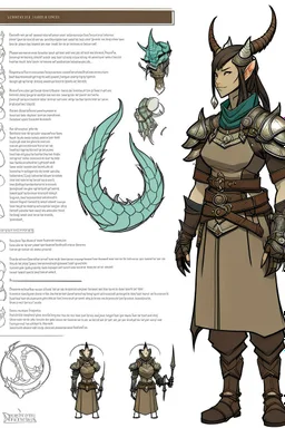 a female dragonborn inventor OC reference sheet, lightly armored