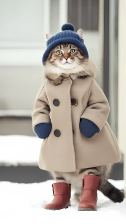 Cat wearing winter coat and boots and hat