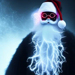 All Black Santa, ghost, wearing high tech mask, white smoke, dark, rage, high definition, ultra 8 k, volumetric lighting, blue fire, fog red rain