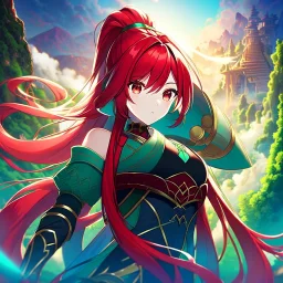 girl, masterpiece, best quality, cinematic lighting, detailed outfit, perfect eyes, red hair, red eyes, long hair, ponytail, landscape, in a fantasy world full of magic and mystery, inspired by miyazaki and akira, cel-shaded art style, detailed background with lush vegetation, neon-like elements and fog, vibrant colors and dramatic lighting,