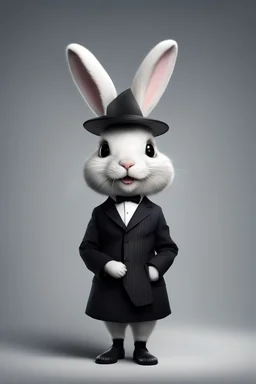 anthropomorphic, hyper-realistic cute and very funny Easter bunny animal wearing Wednesday Addams costume, umbrella, Thing
