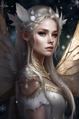 Elven fairy princess,very long blonde white gold hair,rapunzel hair,elven crown,elven ears,sparkle,glitter,snow,ice flowers,ice crystals,golden armour,white dress,white