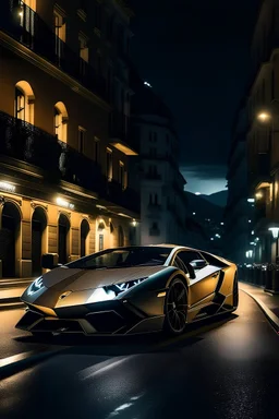 cinematic photo of a stunning Lamborghini roaming the streets of Monaco at night