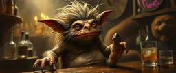 hårete gremlin slug bartender med vind i håret på fest aker ned sklie malt av Rembrandt