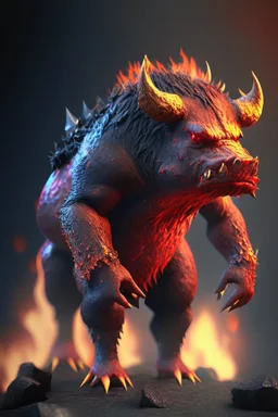 Lava boar humanoid fused , 8k, highly detailed, small minutiae, tiny features, hires, 8k, uhd, realistic shaded volumetric lighting, volumetric, color scheme, toned colors, colorful