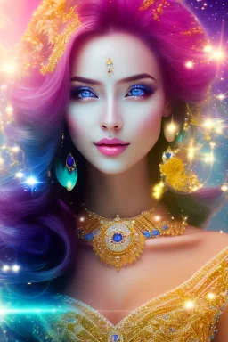 Beautyful smiling young woman, long hair amazing blue eyes, flowers, happy cosmic, bright colors, blue, pink, gold, jewels, realistic, photo real, clear sunny background, highly detailed, high contrast, 8k high definition, unreal engine 5, extremely sharp detail, light effect, sunny light backgroundgold, jewels, realistic, photo real, clear sunny background, highly detailed, high contrast, 8k h