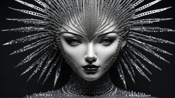 A (((female humanoid sculpture))), intricate and detailed, crafted from thousands of (((tiny steel spikes))), each element expertly fashioned with razor-sharp precision, standing confidently against a (black, sleek backdrop). The figure's delicate features are beautifully replicated, showcasing the elegant curves of its form and the precise angles of its face, creating a dazzling interplay of light and shadow that draws the eye