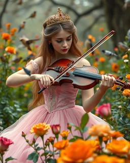 Gorgeous Photography Beautiful Princess playing violinist in Wild garden,flower,birds surrounding,fractal ornamentation, over detailed, gloriously full and confusing, nothing that really exists, everything made up, fantasy world, sweet briar, photography graphic art, song birds, ochre rose,rose buds, dewy morning, forest of oaks