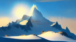 a single ivory-colored mountain with the blue sky and the icy sun behind it