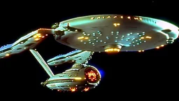 a screen capture from a star trek movie of a battle-damaged starship enterprise IN the year 2380 IS IN A BATTLE with monster ufos sci-fi meticulous, highly-polished, photorealistic, studio production, intricately detailed, GALACTIC, directed by gene Roddenberry,