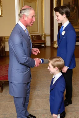 The Prince of Wales in traditional dress shakes hands with a young guest dressed in a blue suit, drawing room of St James's Palace, during a reception