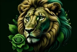 realistic lion in green roses Fierce. Beautiful
